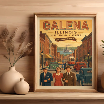 Galena Illinois Historic Main Street vintage travel poster with people and cars.