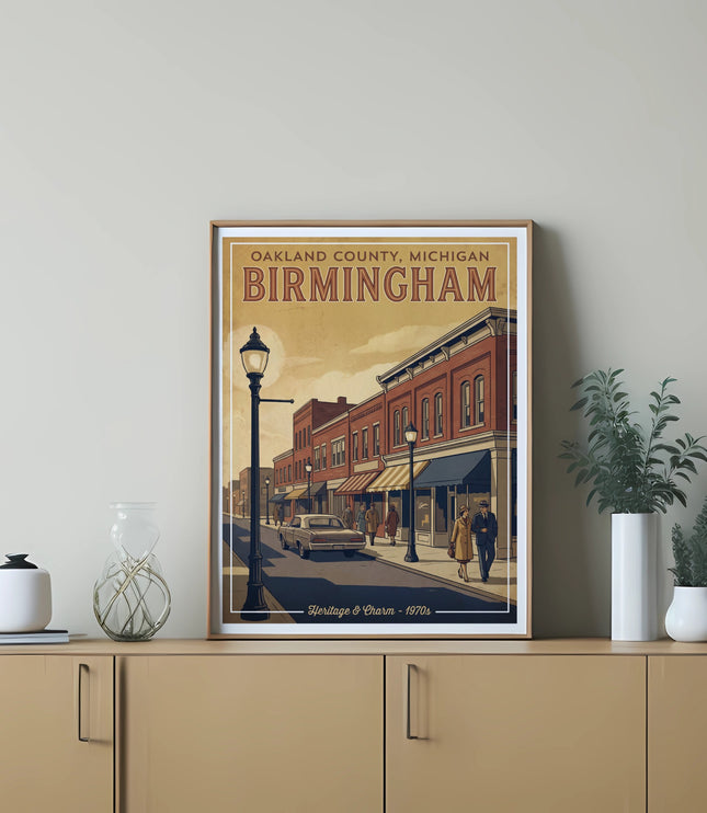 Retro art print of Birmingham, Michigan, depicting a downtown street scene.