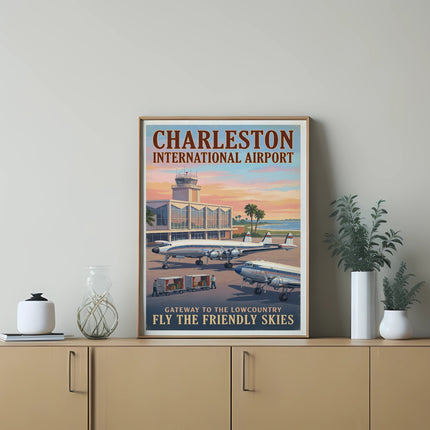 Charleston International Airport vintage travel poster with airplanes and text.