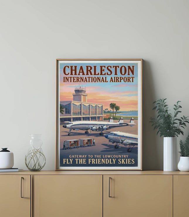 Charleston International Airport vintage travel poster with airplanes and text.