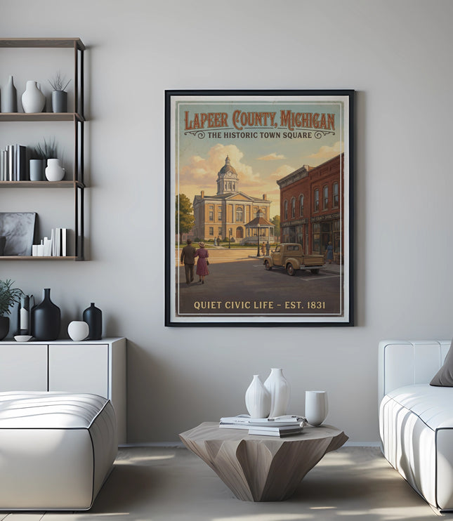 Vintage Lapeer County, Michigan historic town square poster with courthouse and buildings.