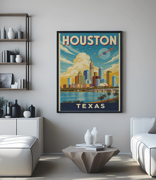 Retro Houston Texas vintage poster featuring a city skyline and rocket.