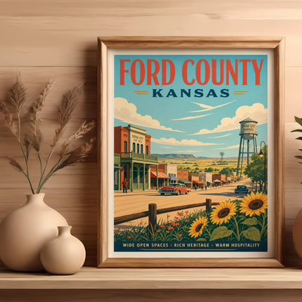 Ford County, Kansas poster with vintage buildings, water tower, and sunflowers.