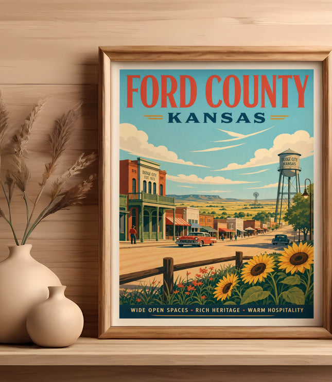 Ford County, Kansas poster with vintage buildings, water tower, and sunflowers.
