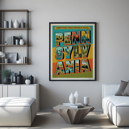Vintage Pennsylvania travel poster with colorful lettering and scenic landscape.