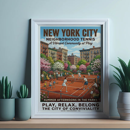 New York City Neighborhood Tennis poster depicting people playing tennis.