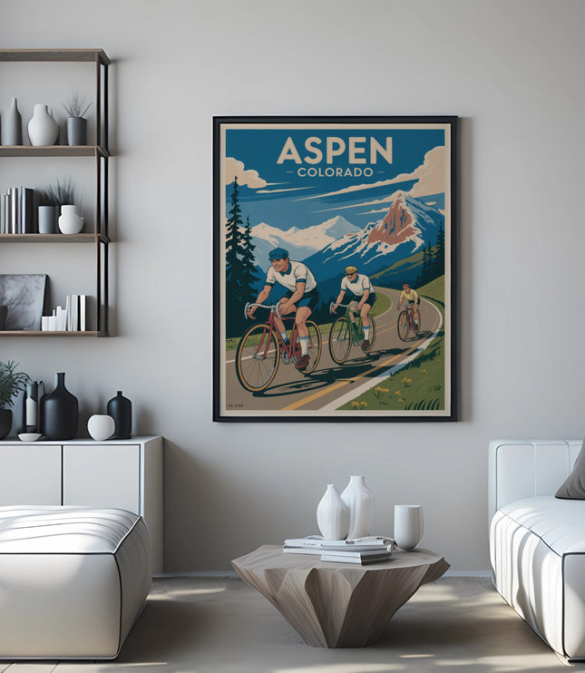 Aspen Colorado vintage cycling poster with cyclists riding up a mountain road.