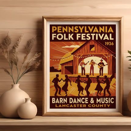 Pennsylvania Folk Festival 1936 poster featuring musicians and dancers in front of a barn.