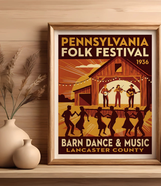 Pennsylvania Folk Festival 1936 poster featuring musicians and dancers in front of a barn.