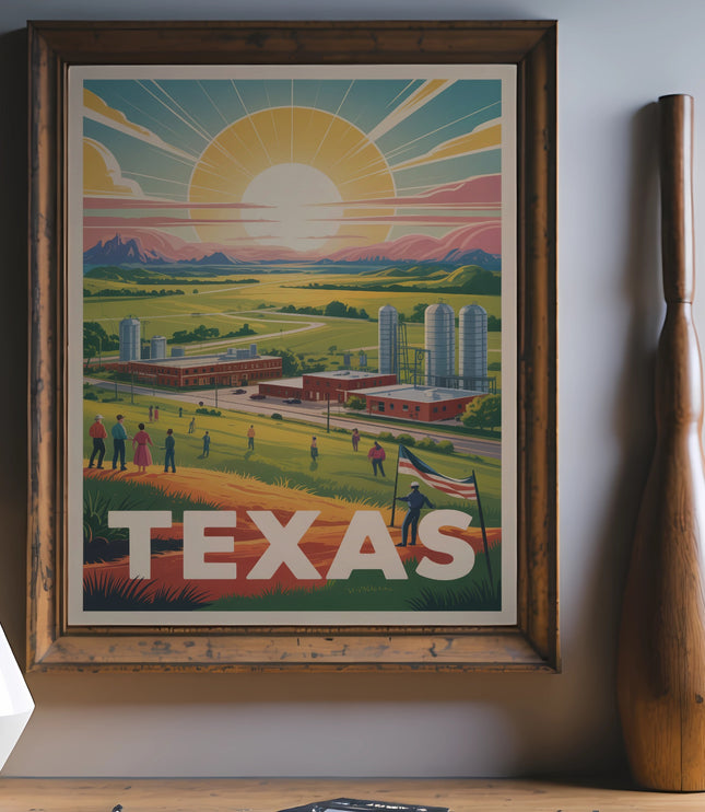 Vintage-style Texas landscape poster with sun, mountains, farm buildings, and people.