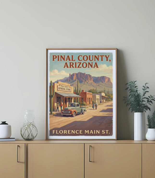 Pinal County, Arizona poster depicting Florence Main St. with a general store.