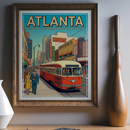 Retro Atlanta streetcar with Rich's and Davison-Paxon Co. buildings.
