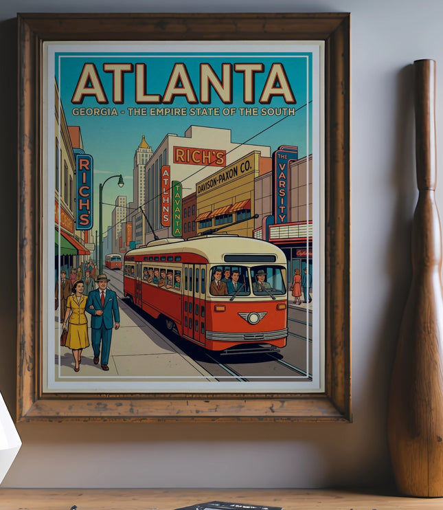Retro Atlanta streetcar with Rich's and Davison-Paxon Co. buildings.