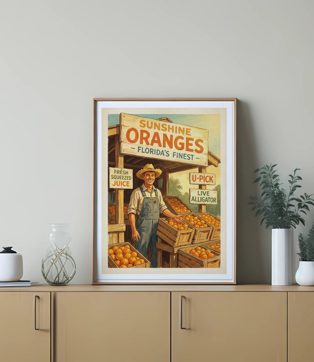Vintage poster shows a man at an orange stand; "Sunshine Oranges" and "Florida's Finest" text.