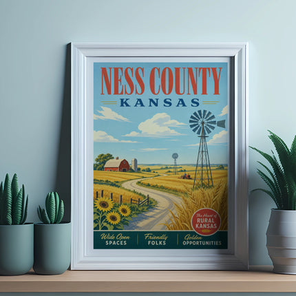 Ness County, Kansas vintage travel poster with farm and text.