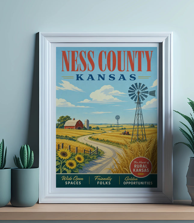 Ness County, Kansas vintage travel poster with farm and text.