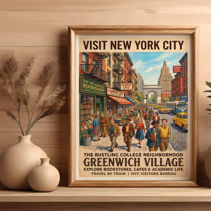 Vintage poster of Greenwich Village with "Visit New York City" text.