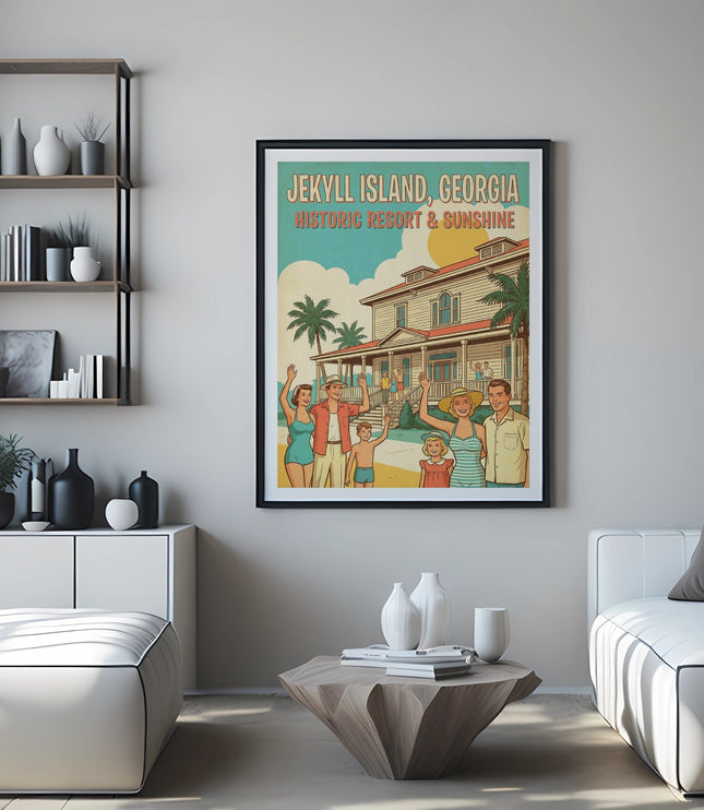 Framed poster of Jekyll Island, Georgia historic resort and sunshine with a family.
