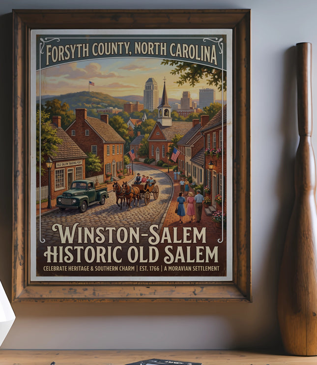 Poster of Winston-Salem Historic Old Salem celebrating heritage and southern charm.