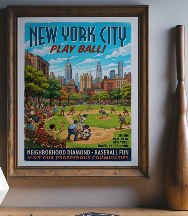 New York City baseball poster with skyline, players, and spectators.