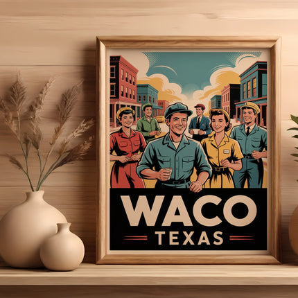Framed vintage poster of smiling people with "Waco Texas" text.