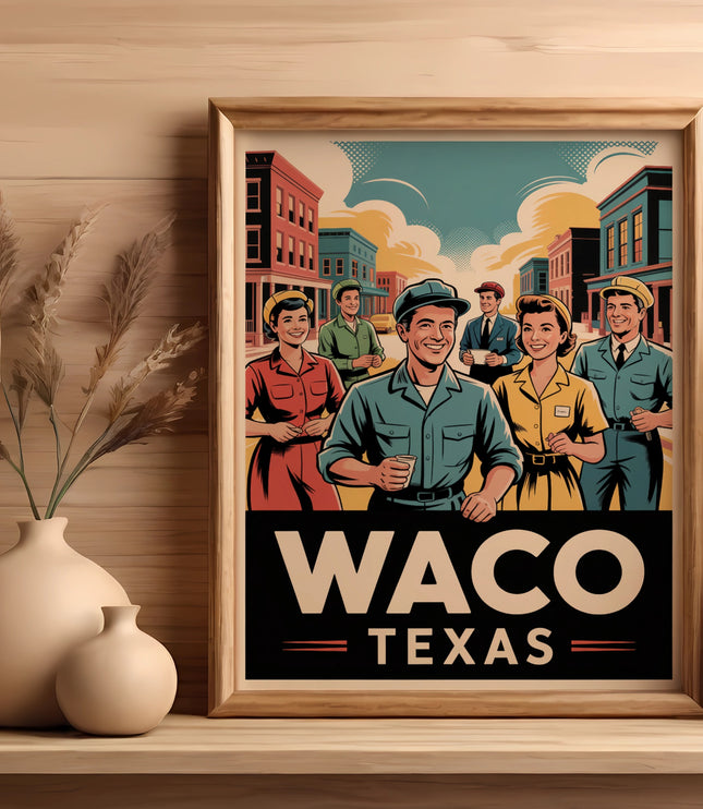 Framed vintage poster of smiling people with "Waco Texas" text.