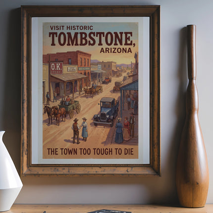 Tombstone, Arizona vintage poster showing a street scene with a horse-drawn cart.