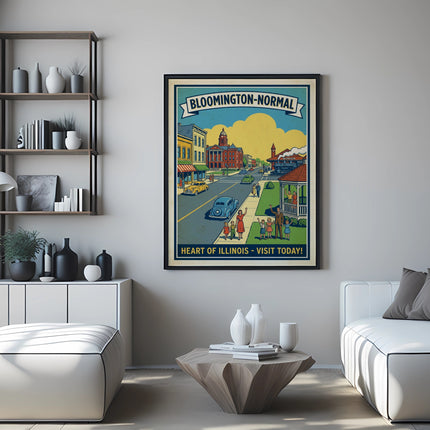 Vintage poster of Bloomington-Normal, Illinois, with street scene and text.
