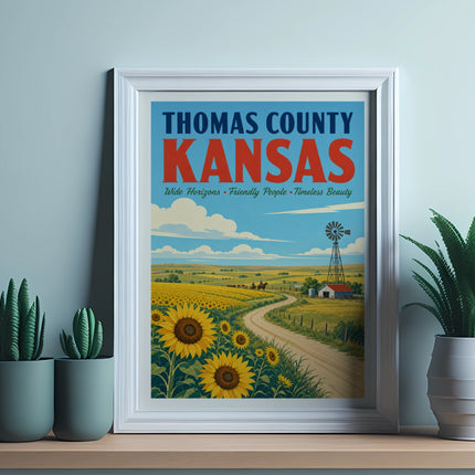 Framed vintage poster of Thomas County, Kansas with sunflowers and windmill.