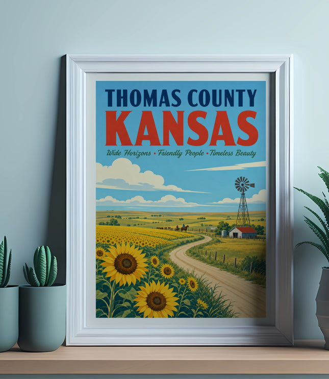 Framed vintage poster of Thomas County, Kansas with sunflowers and windmill.