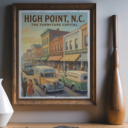 Vintage poster of High Point, N.C. furniture capital with trucks and shops.