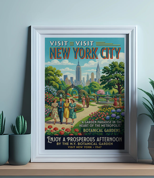 New York City botanical gardens vintage travel poster with skyline and people.