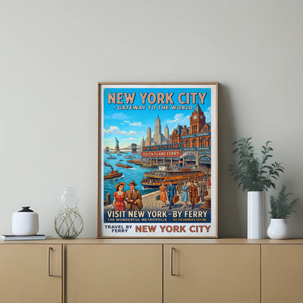 Vintage New York City ferry poster with "Visit New York - By Ferry" text.