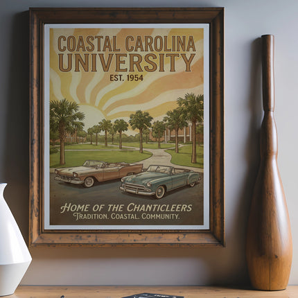 Coastal Carolina University poster featuring vintage cars, palm trees, and the text "Home of the Chanticleers".
