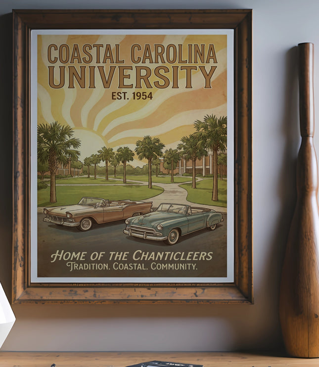 Coastal Carolina University poster featuring vintage cars, palm trees, and the text "Home of the Chanticleers".