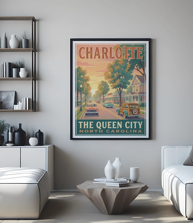 Vintage poster of Charlotte "The Queen City" North Carolina with cars and buildings
