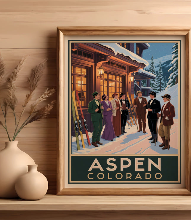 Framed artwork of people in vintage ski attire in Aspen, Colorado.