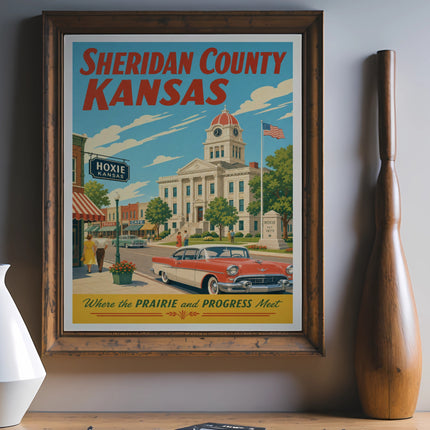 Sheridan County Kansas poster with Hoxie building, classic car, and text.