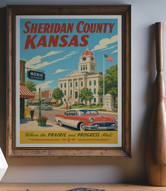 Sheridan County Kansas poster with Hoxie building, classic car, and text.