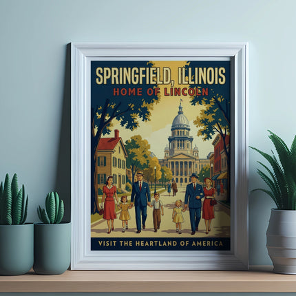 Springfield, Illinois Home of Lincoln poster with families walking.