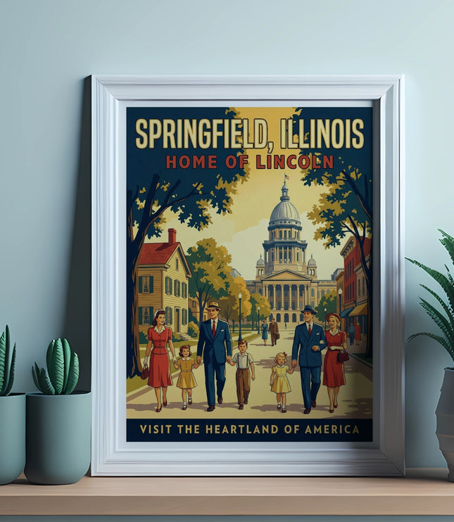 Springfield, Illinois Home of Lincoln poster with families walking.