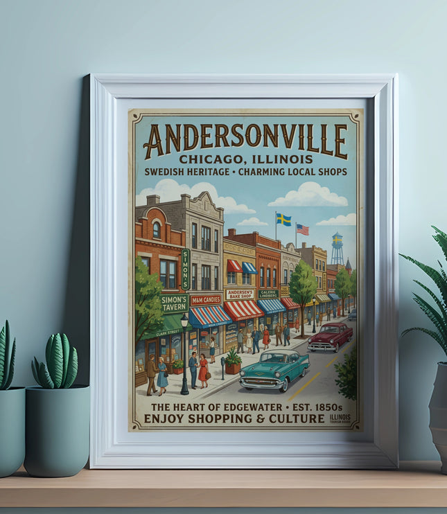 Andersonville Chicago Illinois vintage poster of shops and street scene.