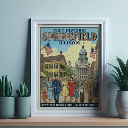 Framed vintage poster of historic Springfield Illinois with people and buildings.