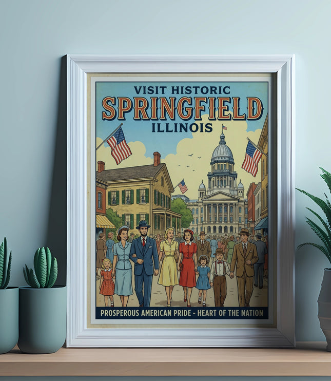 Framed vintage poster of historic Springfield Illinois with people and buildings.
