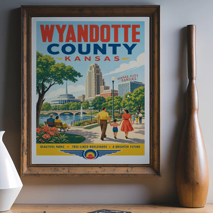 Wyandotte County, Kansas poster with people by a river and city skyline.