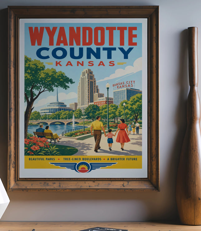 Wyandotte County, Kansas poster with people by a river and city skyline.