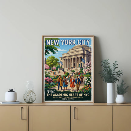 New York City poster featuring the university library with people walking.