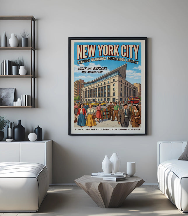 New York City Stavros Niarchos Foundation Library mid-Manhattan vintage travel poster.