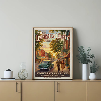 Vintage poster of Howell's Historic Main Street, travel Livingston County, Michigan.