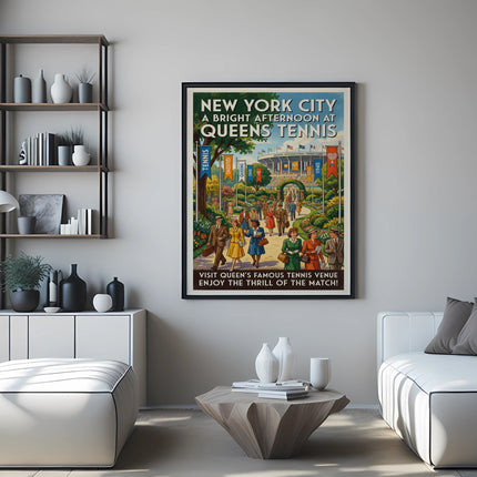 New York City, Queens tennis venue vintage travel poster.